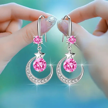 Female Fashion Star Moon Earrings Silver Plated Pink Blue White Cubic Zirconia Dangle Earrings Bride Wedding Engagement Anniversary Valentine'S Day Gift Jewelry