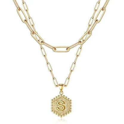 Dainty Layered Initial Necklaces for Women, 14K Gold Plated Paperclip Chain Necklace Simple Cute Hexagon Letter Pendant Initial Choker Necklace Gold Layered Necklaces for Women