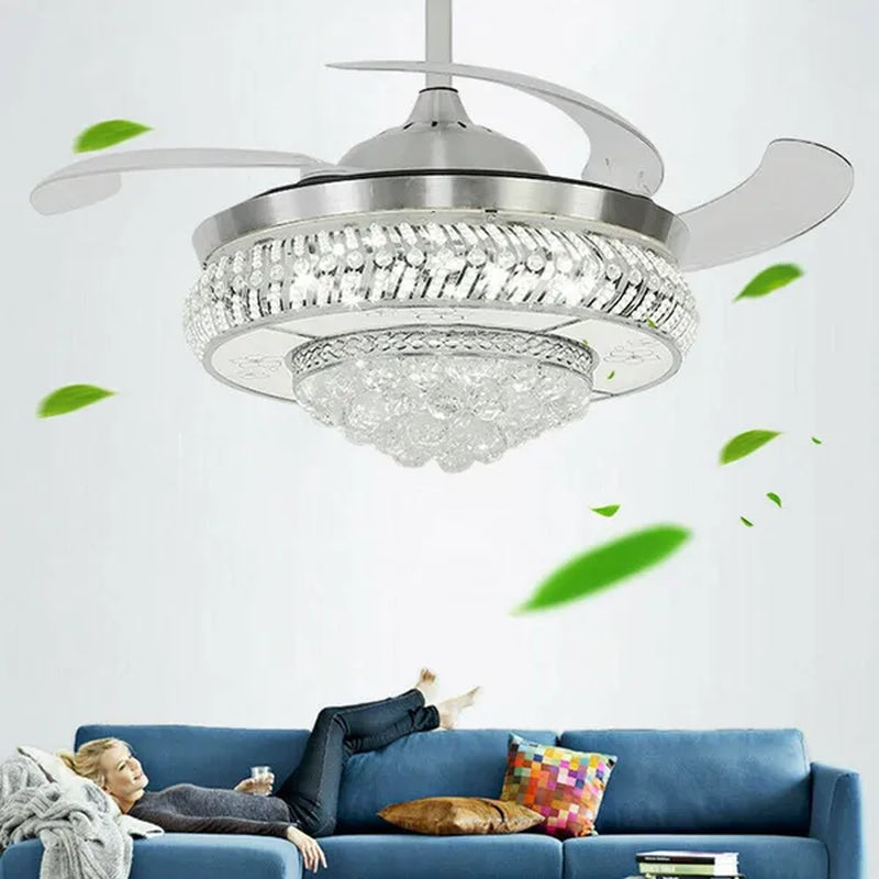 42" Invisible Ceiling Fan Light K9 Crystal LED Chandelier Retractable Blade Light with Remote Control