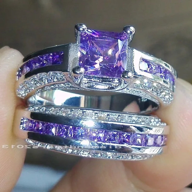 2Pcs/Set 925 Silver Plated Pink Purple White Sapphire CZ Wedding Set Rings Size 6-11  (Choice Color and Size )