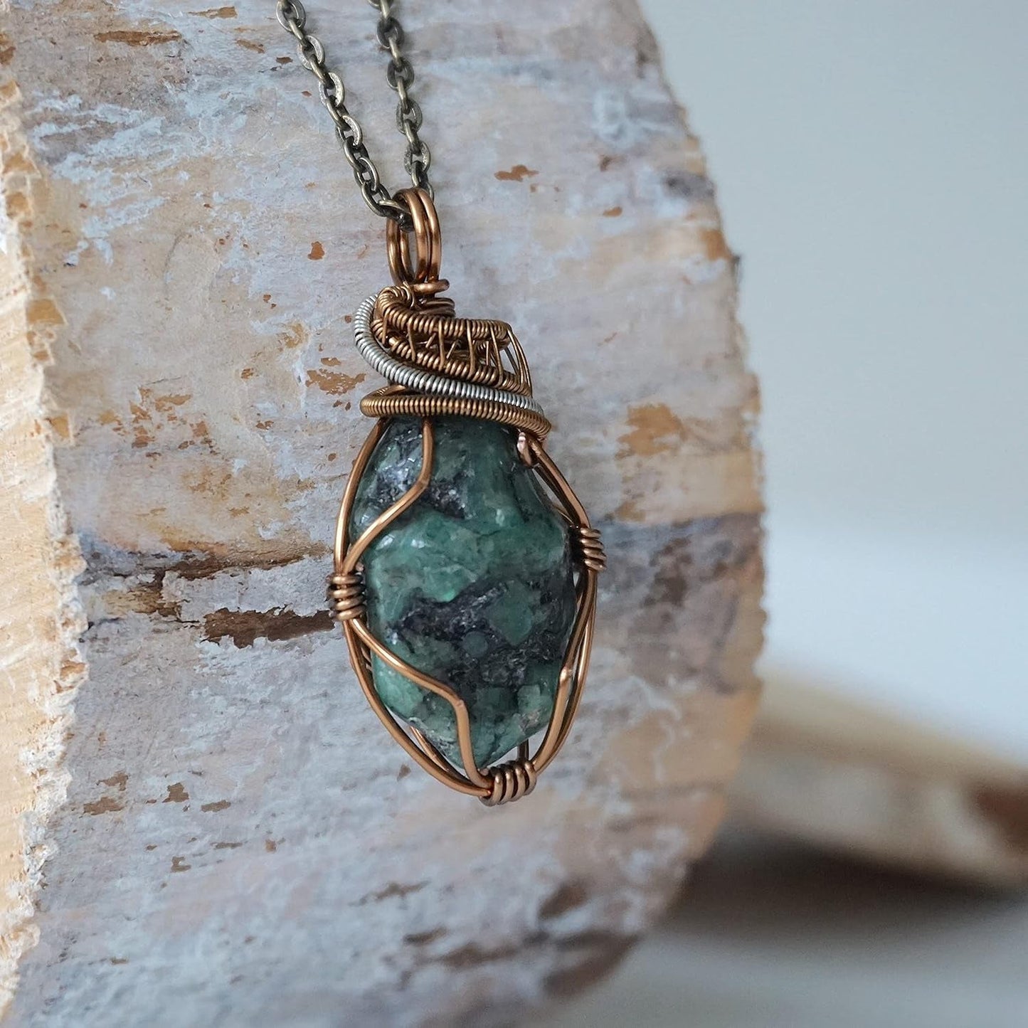 Emerald Wire Wrapped Pendant, Copper Crystal Necklace, with 24 Inch Antique Bronze Chain, May Birthstone Jewelry, Handmade in North America