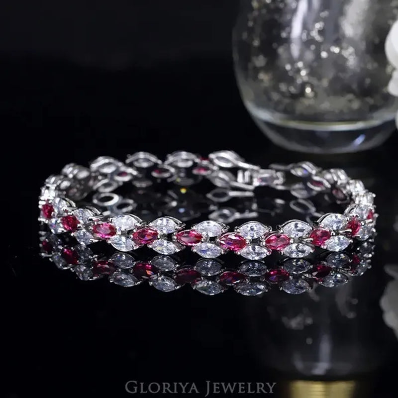 Gloriya Delicate White Gold Plated Tennis Bracelet Setting Sparkly Marquise Cubic Zircon Wedding Bracelets For Women Gorgeous Crystal Jewelry