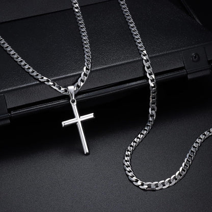 925 Sterling Silver Cross Necklace Beveled Edge for Men Women 5Mm Stainless Steel Non Tarnish Durable Cuban Link Curb Chain Crucifix Pendant Necklace Jewelry 16-30 Inches Christian Baptism Gifts