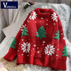 VANGULL Brand Women Christmas Snowflake Pullover Sweater Autumn Winter Thicken Casual Soft Loose round Neck Long Sleeves Knitted Top