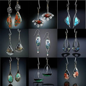 1 Pair Antique 925 Sterling Silver Pendant Earrings Natural Gemstone Inlay Dangl