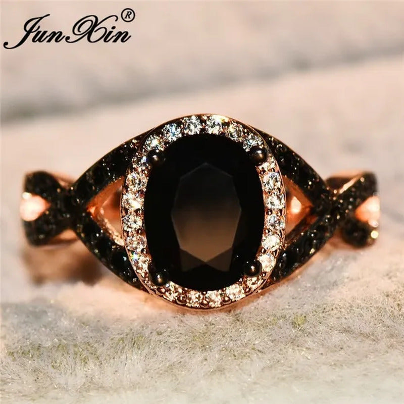 Exquisite Rose Gold Plated Large Oval Stone X Ring Women Filled Black Zircon Cry