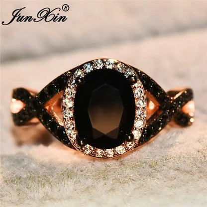 Exquisite Rose Gold Plated Large Oval Stone X Ring Women Filled Black Zircon Cry