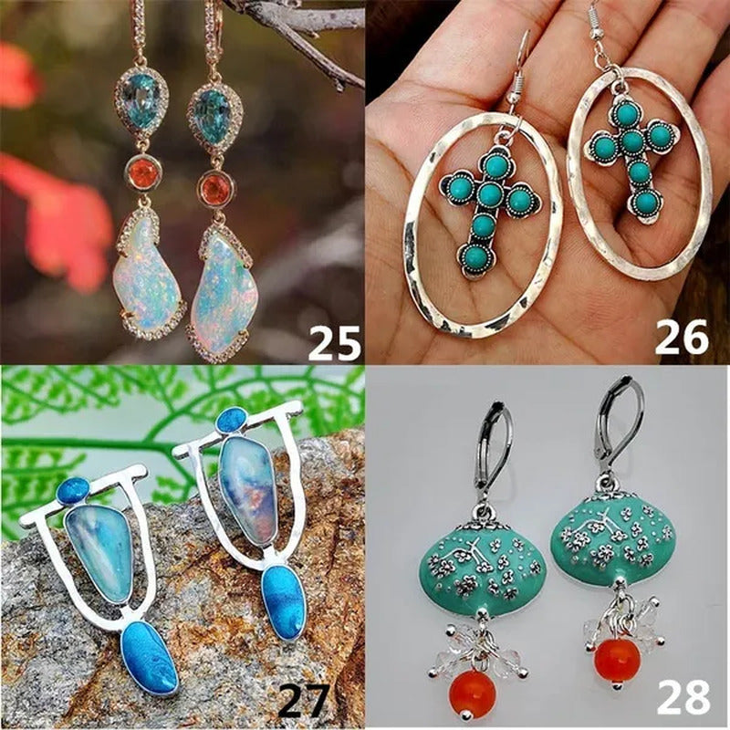 1 Pair Antique 925 Sterling Silver Pendant Earrings Natural Gemstone Inlay Dangl