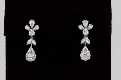 DIAMOND DANGLE DROP EARRING 3.25 CT PEAR MARQUISE ROUND 18 K WHITE GOLD DROP