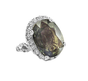 CERTIFIED GREEN SAPPHIRE OVAL FACETED 13.95X10.68X5.37MM SET ROUND DIAMOND HALO