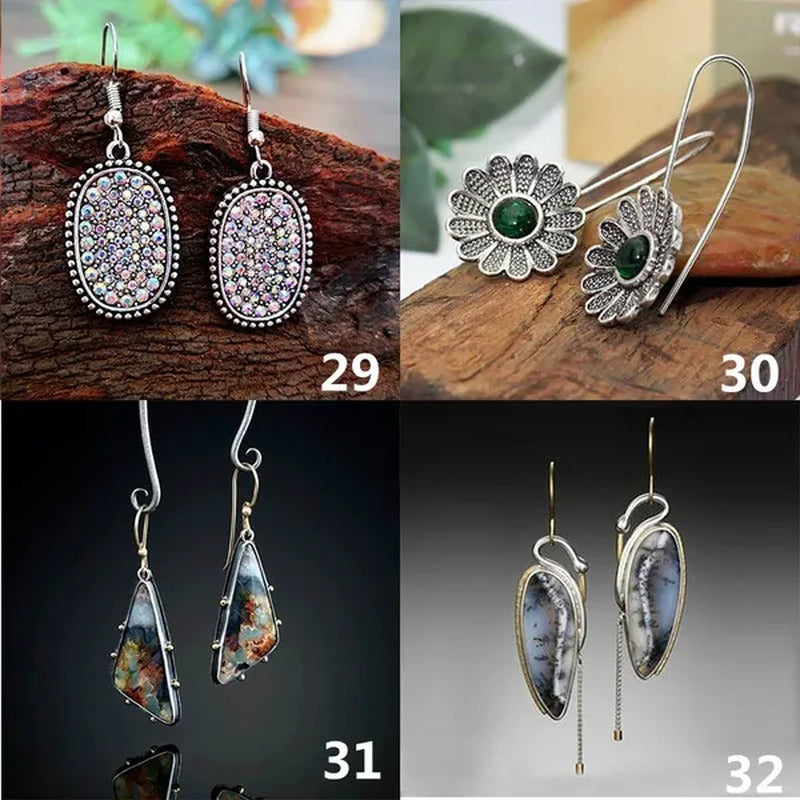 1 Pair Antique 925 Sterling Silver Pendant Earrings Natural Gemstone Inlay Dangl