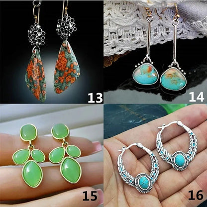 1 Pair Antique 925 Sterling Silver Pendant Earrings Natural Gemstone Inlay Dangl