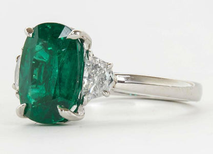 Fine 4.21 Carat GIA Cert Minor Oil Emerald Diamond Platinum Ring