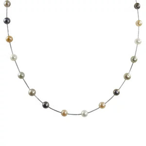 14K White Gold Freshwater Pearl Station Necklace - 17"