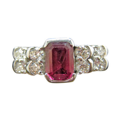 RUBY EMERALD SHAPE DIAMOND 8 ROUND BRILLIANT SHAPE RING