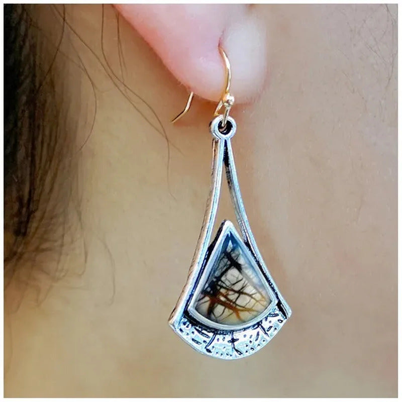 1 Pair Antique 925 Sterling Silver Pendant Earrings Natural Gemstone Inlay Dangl