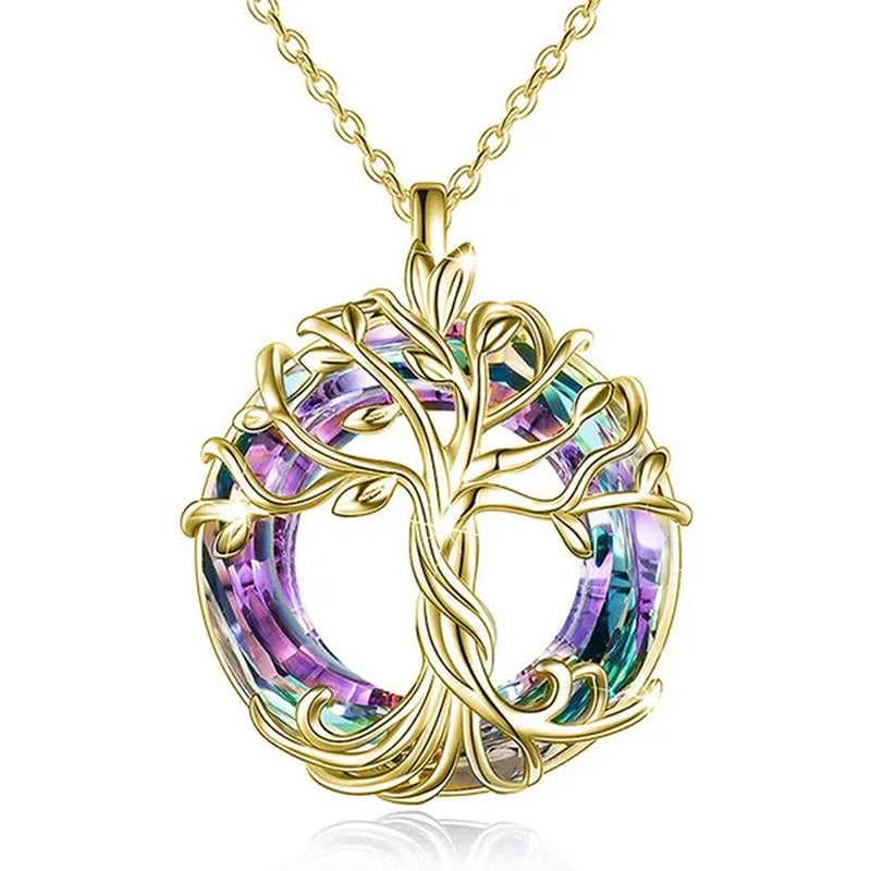 Exquisite Fashion Women'S Life Tree Necklace round Crystal Pendant Engagement Ne