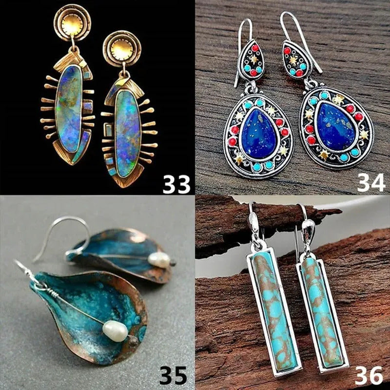 1 Pair Antique 925 Sterling Silver Pendant Earrings Natural Gemstone Inlay Dangl