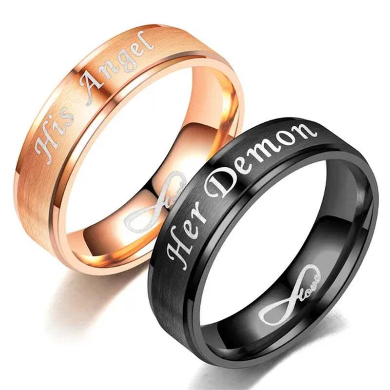 Fashion 'His Angel' 'His Angel' Stainless Steel Couples Ring Wedding Ring Gifts For Lovers (Style: Black-'Her Demon' For Men, Rose Gold-'His Angel')