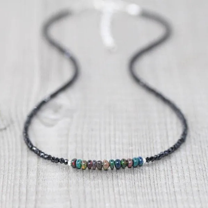 Ethiopian Welo Opal & Black Spinel Necklace. Sterling Silver, Rose, Gold Filled. Dainty Gemstone Choker.