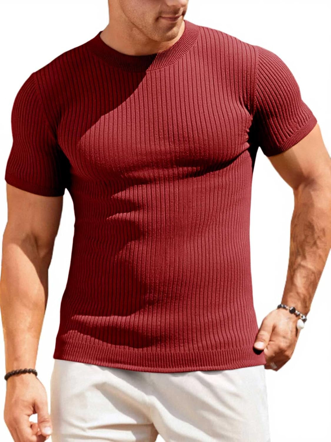 Mens Casual Slim Fit Basic Tops Short Sleeve Shirt Turtleneck T Shirts Rib Knitted Stretch Pullover Sweater