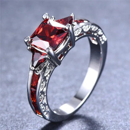 Women Silver Plated Princess Cut Garnet Red Ruby Wedding Ring Party Jewelry Gifts Size 4 5 6 7 8 9 10 11