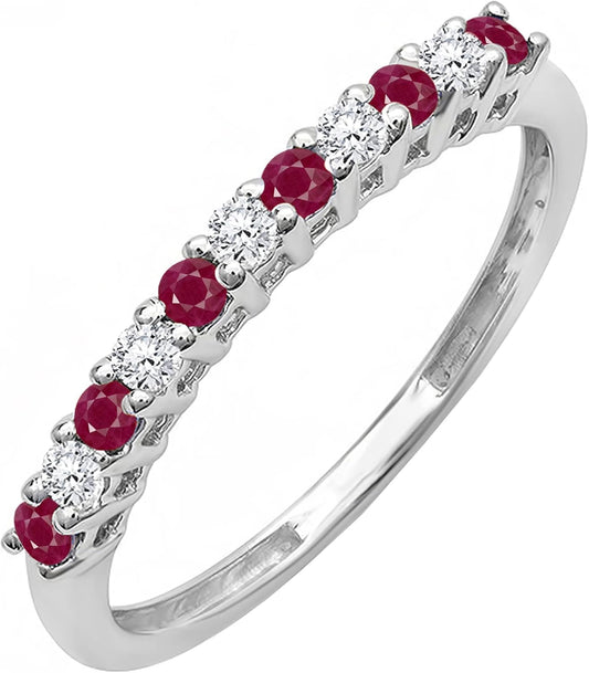round Alternate Ruby & White Diamond Vintage Style Stackable Wedding Band for Her in 14K Solid White Gold Size 7