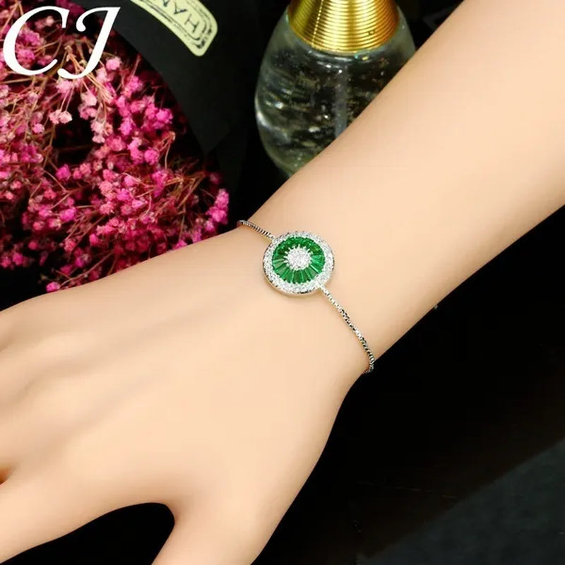 CANDICE Fashion Green round Charm Adjustable Slider Bracelet Bangle for Women White Gold Plated Cubic Zirconia Jewelry