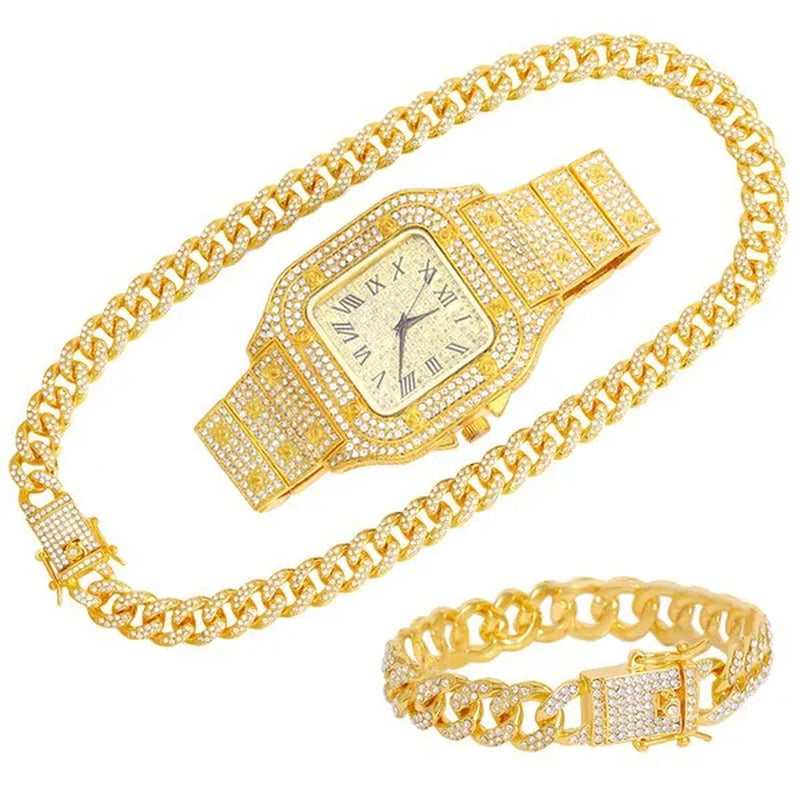 24K Gold / 925 Silver / Rose Gold Stainless Steel Hip Hop Jewelry Iced Out Diamond Thick Miami Cuban Link Chain Necklace Bracelet Watch for Men'S and Women'S Party Jewelry Set Nightclub Bar Fashion Accessories
