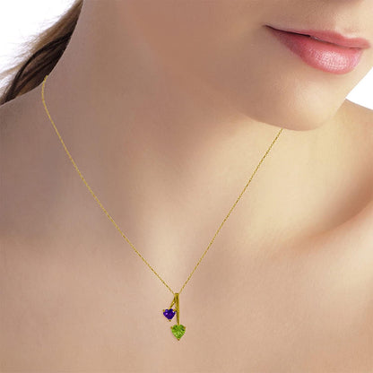 14K Solid Gold 18" Necklace with Peridot & Amethyst Hearts