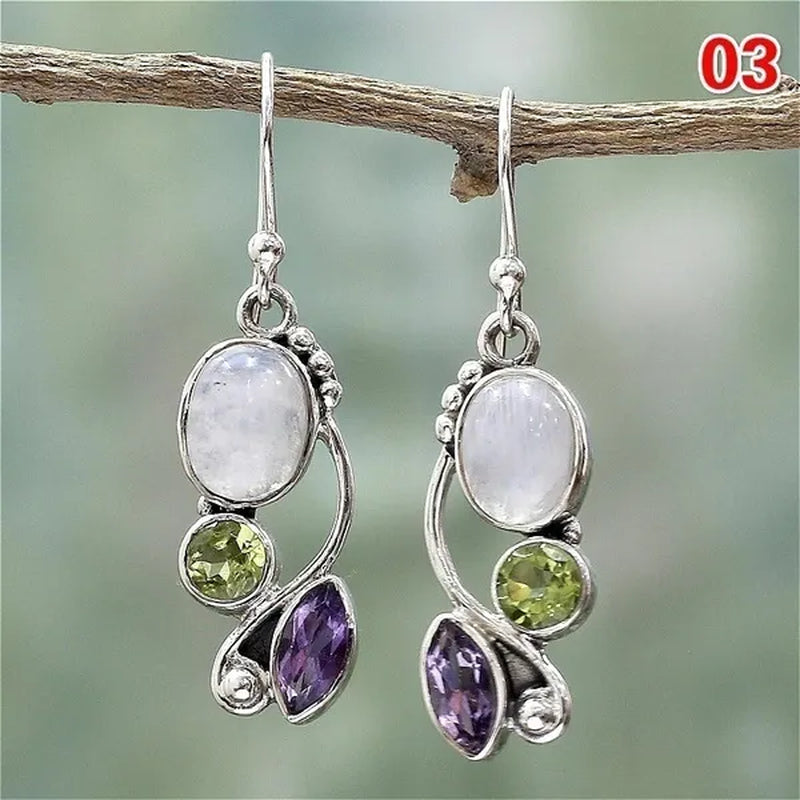 12Styles Vintage Earrings Rainbow Moonstone Earring Amethyst&Peridot&Pearl Dangle Earrings for Women Wedding Bridal Jewelry Gifts - WORLD TIME VISITS