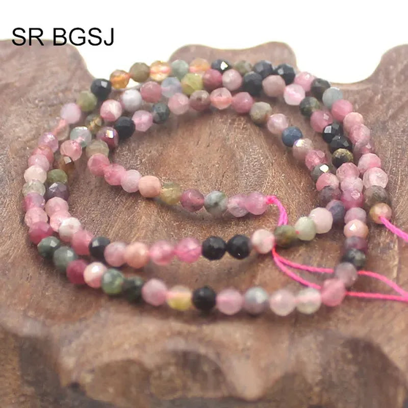 3mm Round Faceted Mixed Tourmaline Natural Gemstone Bail Spacer  Beads Strand 15"