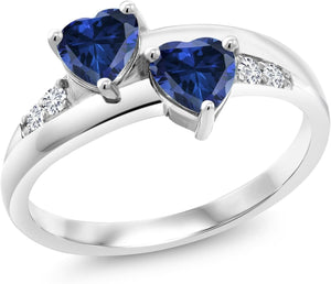 925 Sterling Silver Blue Created Sapphire and White Lab Grown Diamond Women Ring (1.30 Ct Heart Shape, Available in Size 5, 6, 7, 8, 9)
