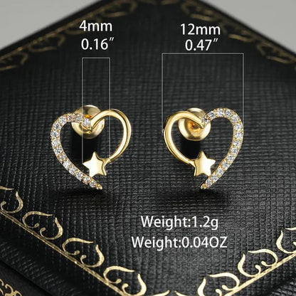 Gold Love Heart Star White Sapphire Diamond Stud Earrings for Women Wedding Engagement Bride Jewelry Gift