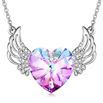 Luxury Fashion Women's Diamond Wings Heart Crystal Necklace Angel Wings Diamond Pendant Wedding Necklace Women's Princess Jewelry Birthday  Anniversary Gift