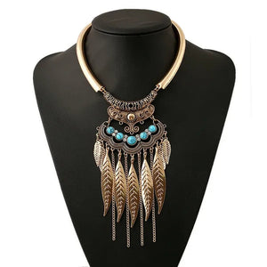 Bohemian Gypsy Ethnic Choker Collar Vintage Leaf Tassel Maxi Statement Pendant Necklace Jewelry