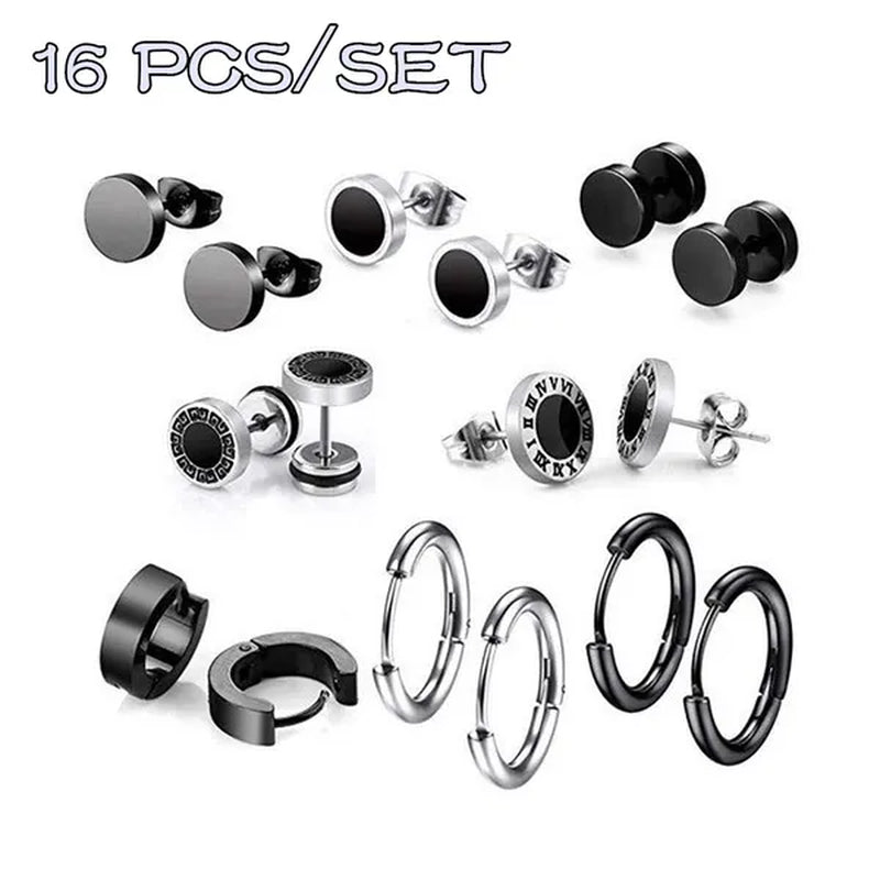 16Pcs/Set Personality Dumbbell Ear Ring Titanium Steel Female Earrings Set Fashion Male Earrings Set Hip Hop Punk Earrings