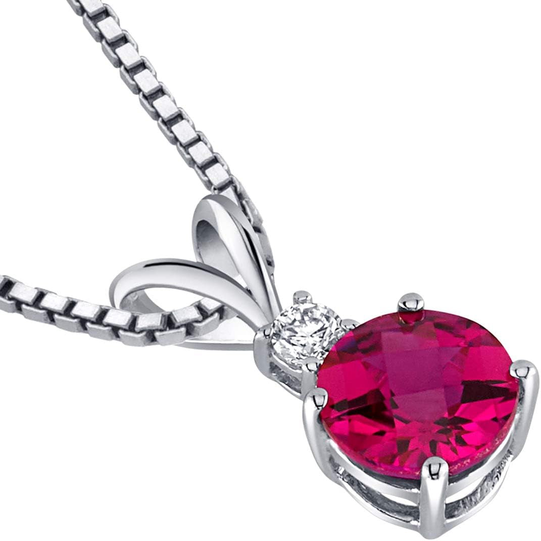 14K White Gold Created Ruby with Genuine Diamond Pendant, Elegant Solitaire, round Shape, 6.50Mm, 1.35 Carats Total, Sparkling V-Day Gift, Valentine'S Gift for Her, Wife, Sister