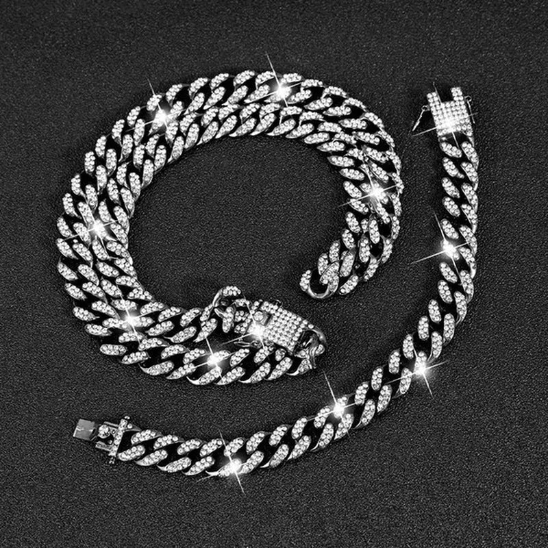 13MM  24K Gold/925 Silver Iced Out BlingBling Diamond Cuban Link Chain Miami Choker Necklace Bracelet Jewelry Set for Fashion Men and Women Hip Hop Jewelry - WORLD TIME VISITS