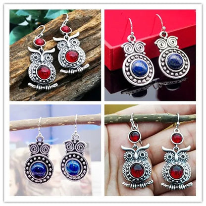 Retro Tibetan Silver Natural Ruby Sapphire Inlay Owl Ear Hook Dangle Earrings Gift for Women - WORLD TIME VISITS