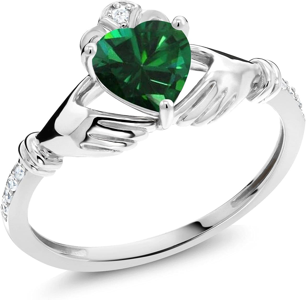 10K White Gold Green Simulated Emerald and White Diamond Irish Celtic Claddagh Ring (0.76 Cttw, Heart Shape 6MM, Available in Size 5, 6, 7, 8, 9)