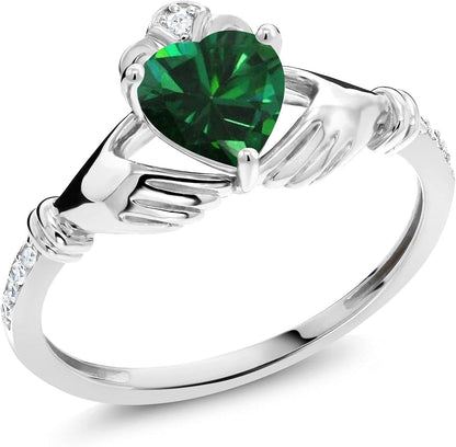 10K White Gold 6MM Heart Shape Gemstone Birthstone and White Diamond Irish Celtic Claddagh Engagement Ring | Gold Ring for Women | Available in Size 5, 6, 7, 8, 9