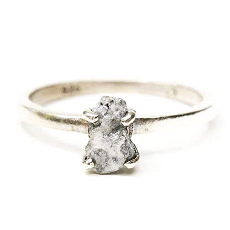 Real White/Grey Rough Diamond Ring in Prongs Setting with Sterling Silver High Polished Band
