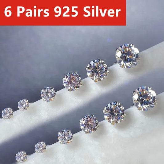 6 Pairs Stud Earrings Set, Hypoallergenic Cubic Zirconia Silver Earrings 3-8Mm