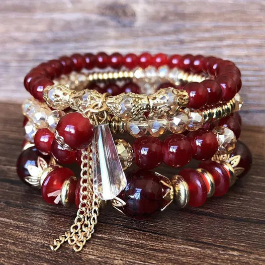 Women'S Bohemian Creative Beaded Crystal Bracelet 4 Pack Multi-Layer Beaded Fashion Bracelet