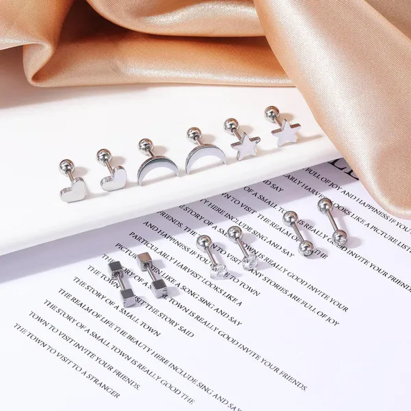 6 Pairs 5 Colors Stainless Steel Tiny Stud Earrings for Women Girls Heart Moon Star Crystal CZ Earrings Cartilage Helix Ear Piercing Set