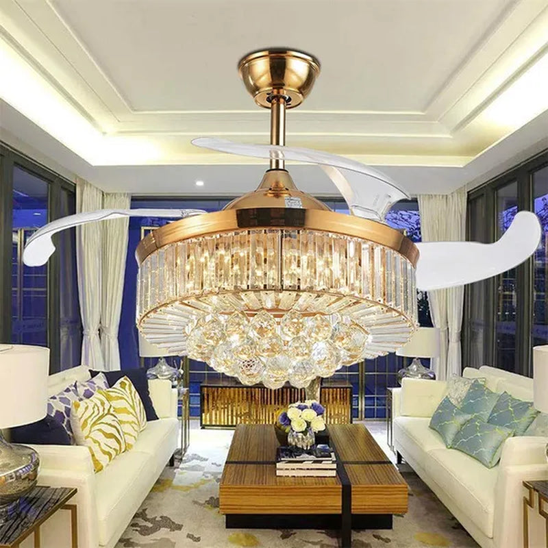 42 Inches Ceiling Fan Light Remote Control LED Pendant Light Crystal Dimmable Metal Luxury Invisible Ceiling Chandelier Lighting