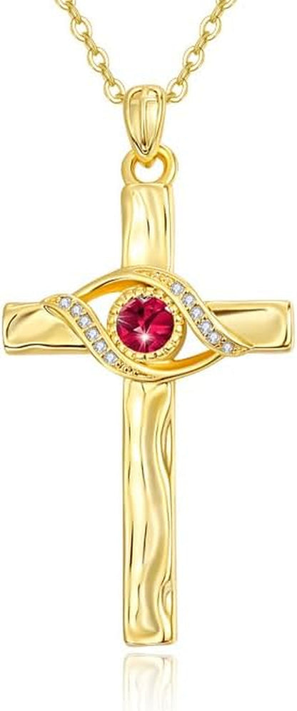 Cross Necklace for Women,14K 18K Gold Plated Evil Eye with Birthstone Pendant Necklaces Everyday Religious Faith Jewelry Birthday Christmas Gifts for Women Mom Her