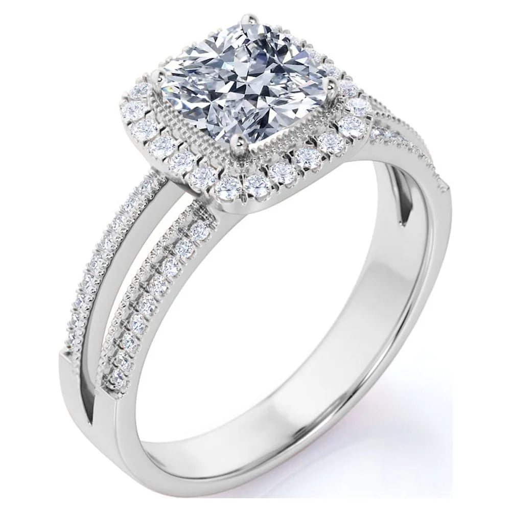 .63 Ct Cushion Cut Real Diamond - Vintage Style - Engagement Ring - Split Shank - Halo Ring - 10K White Gold
