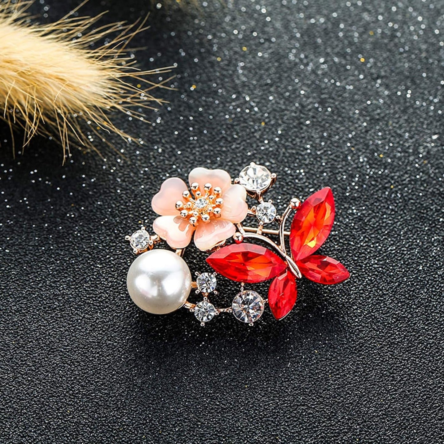 Women Faux Quartz Butterfly Flower Imitation Pearl Brooch Pin Lapel Clip Decoration Festival Birthday Gift- Rose Gold Festival Birthday Gift- Red